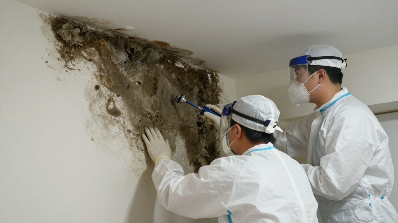 Mold cleanup professionals restoring a damaged home interior.