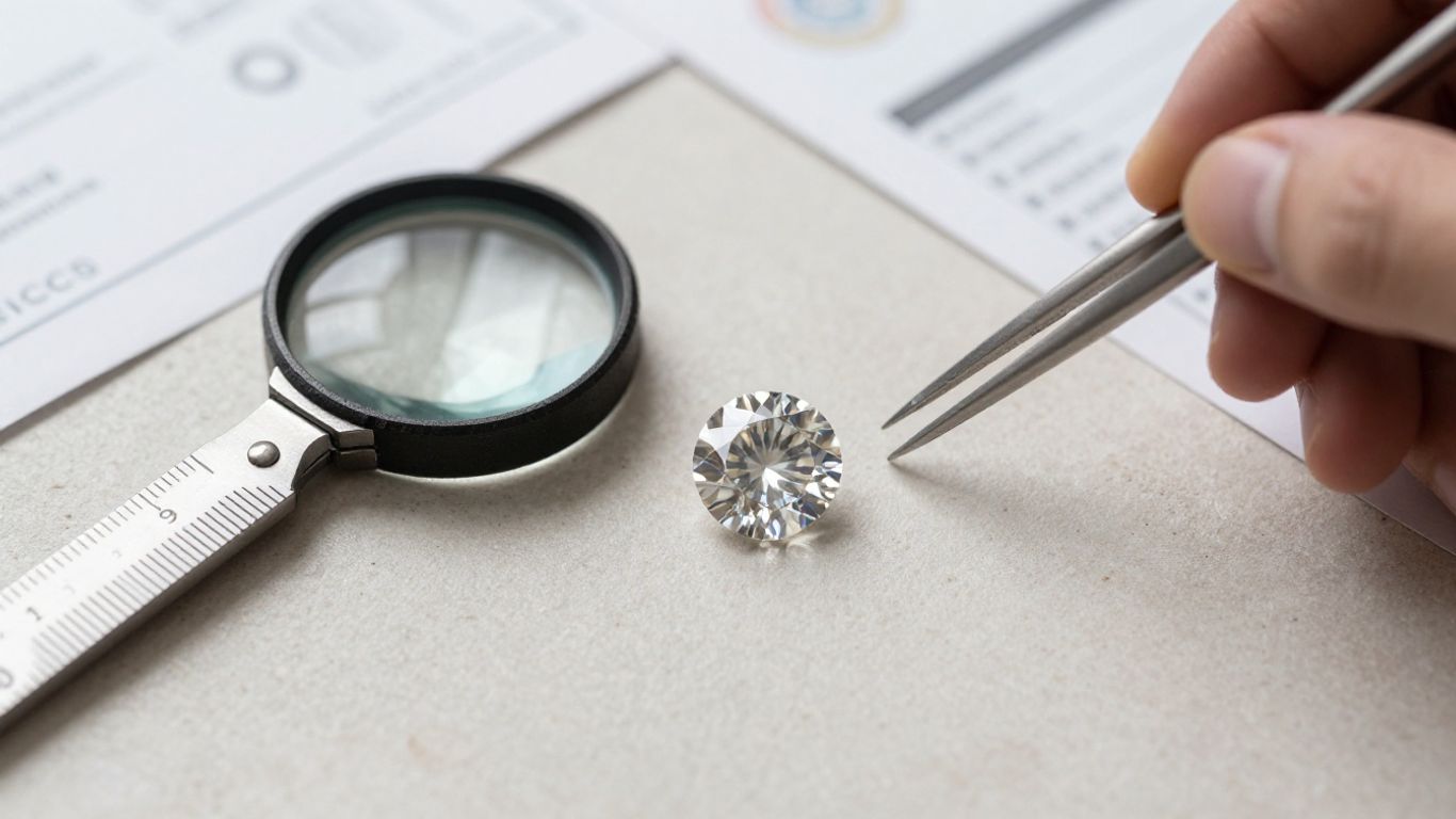 Loose diamond beside jewellery loupe and certificate