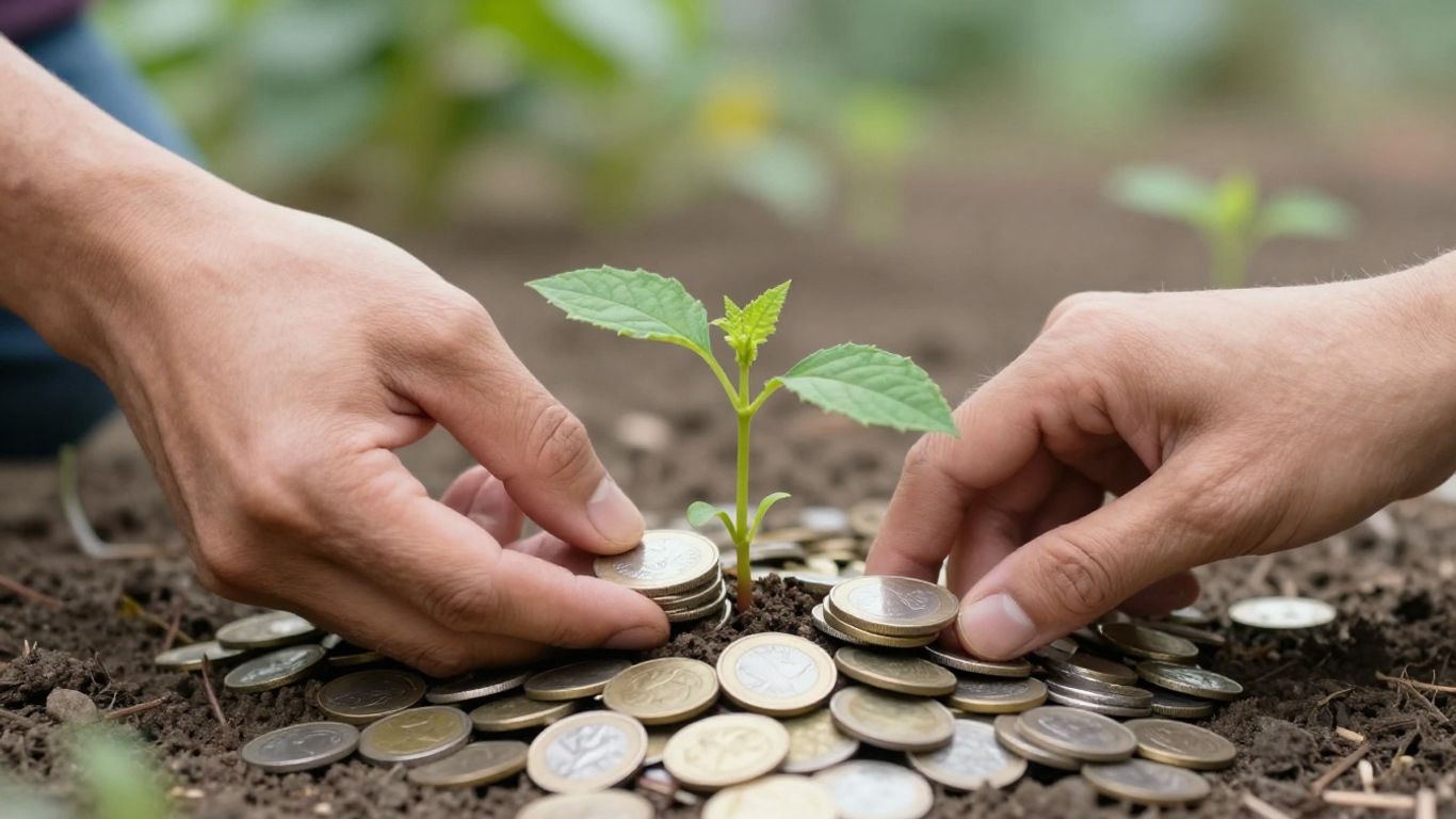 Mâini schimbând monede și o plantă crescând din bani.