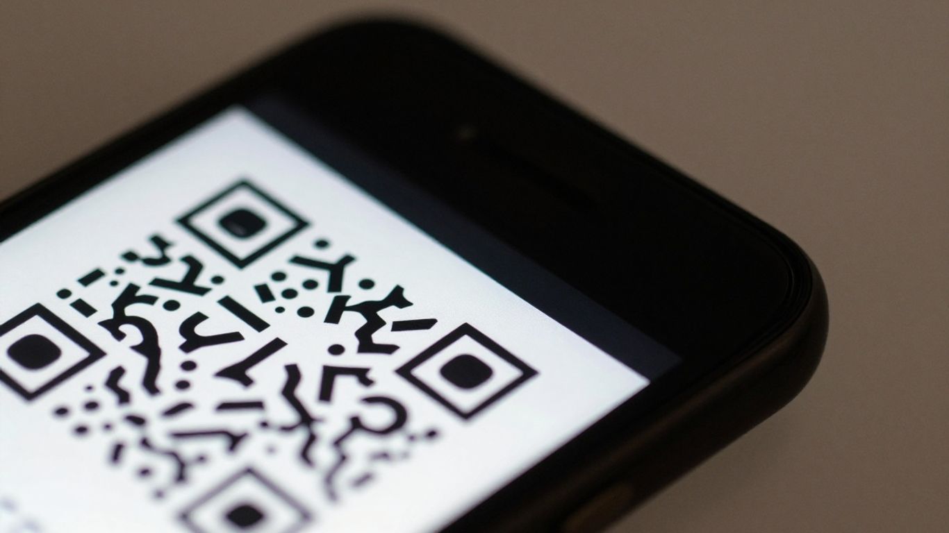 Smartphone scanning a QR code on a screen.
