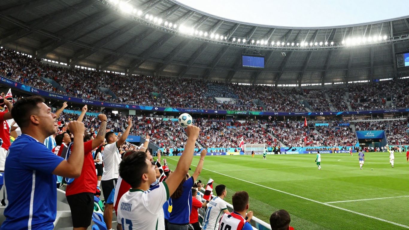 FIFA World Cup 2026 stadium with cheering fans.