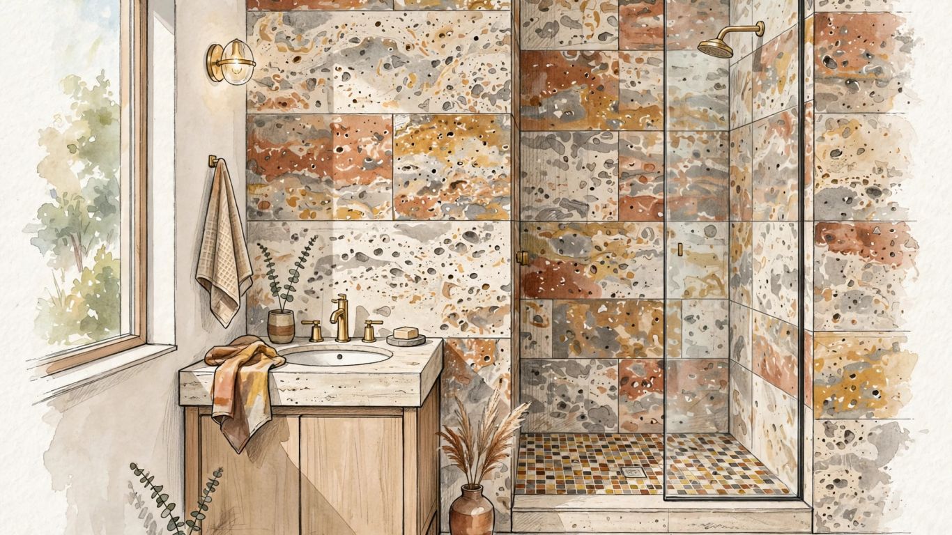 Scabos travertine in a warm bathroom setting