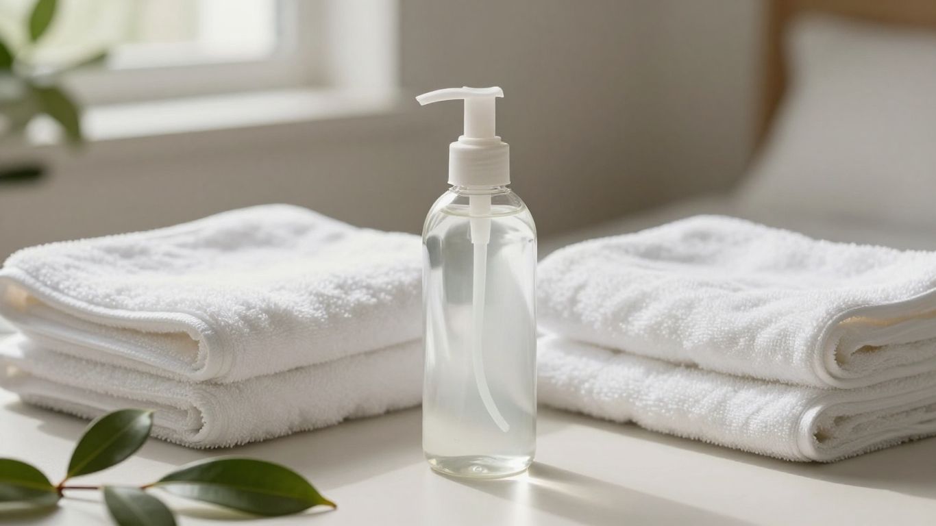 A glass bottle of lubricant beside soft towels