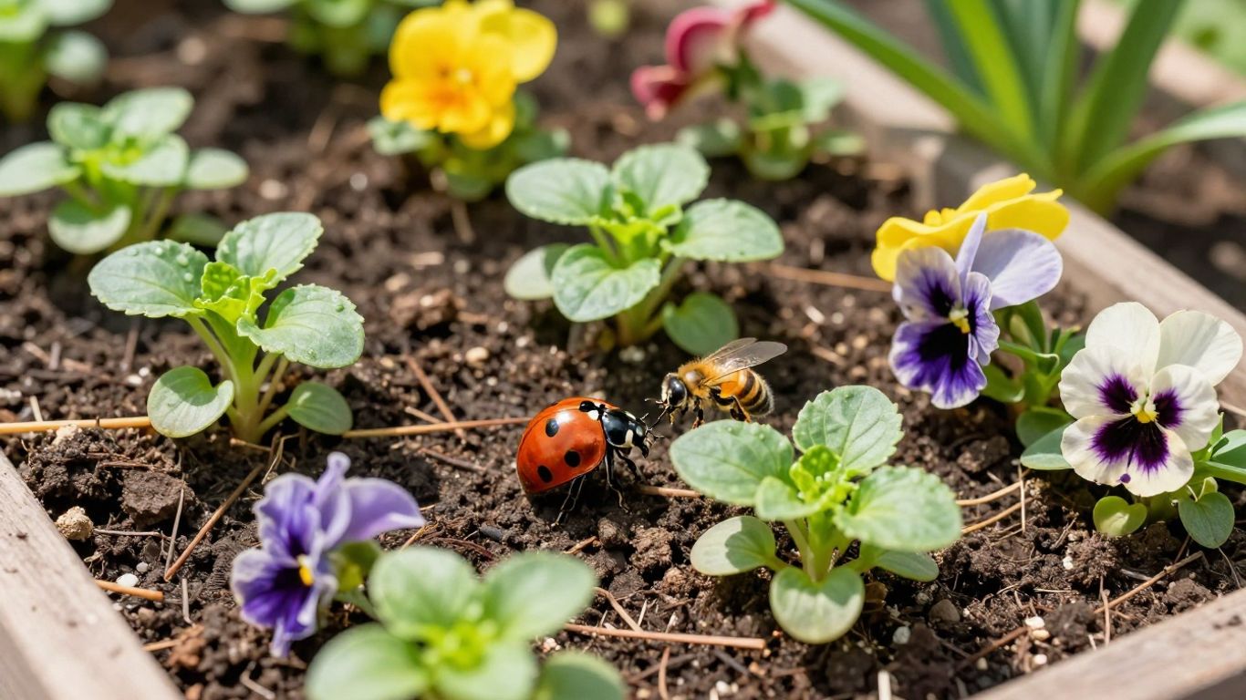 Hochbeet mit jungen Pflanzen und Nützlingen im Frühling.