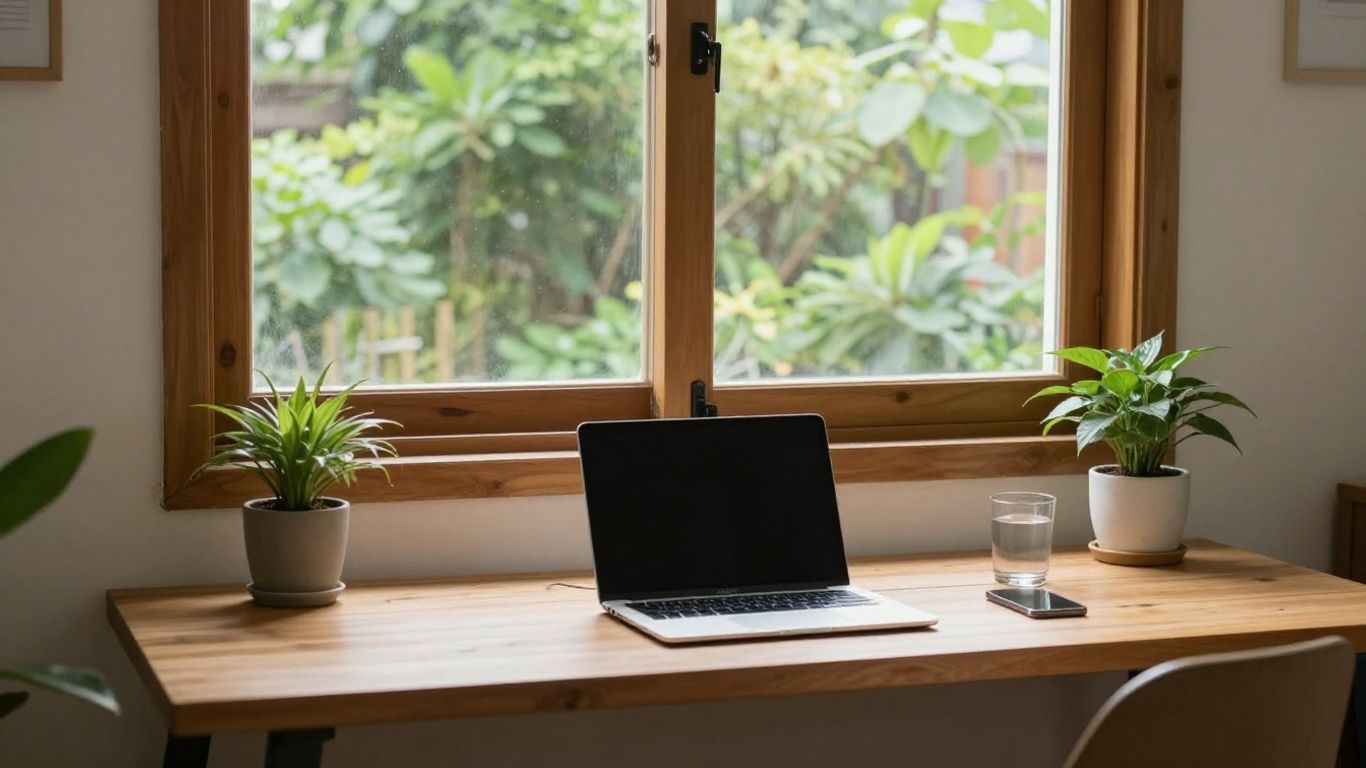 A home office setup next to a quiet garden window
