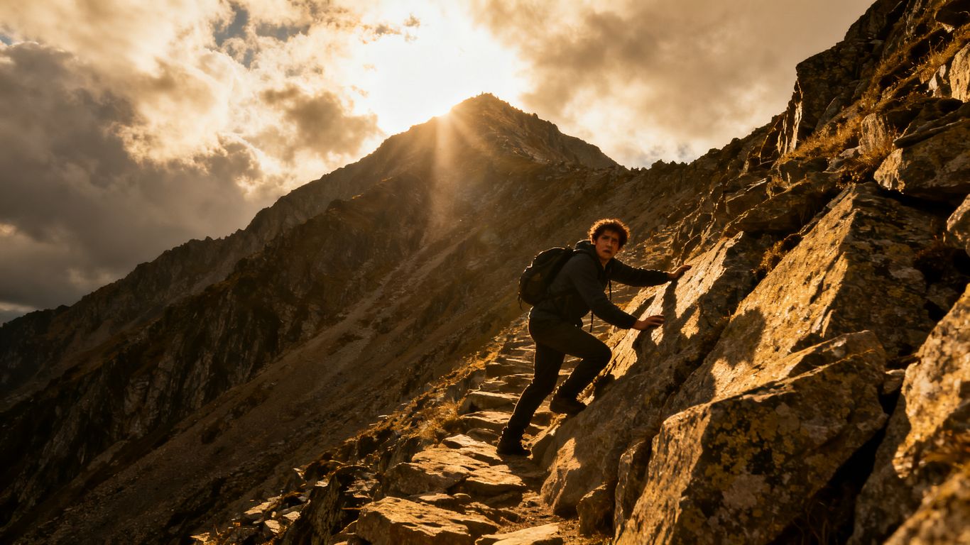 Person struggling on a mountain path, summit in distance.
