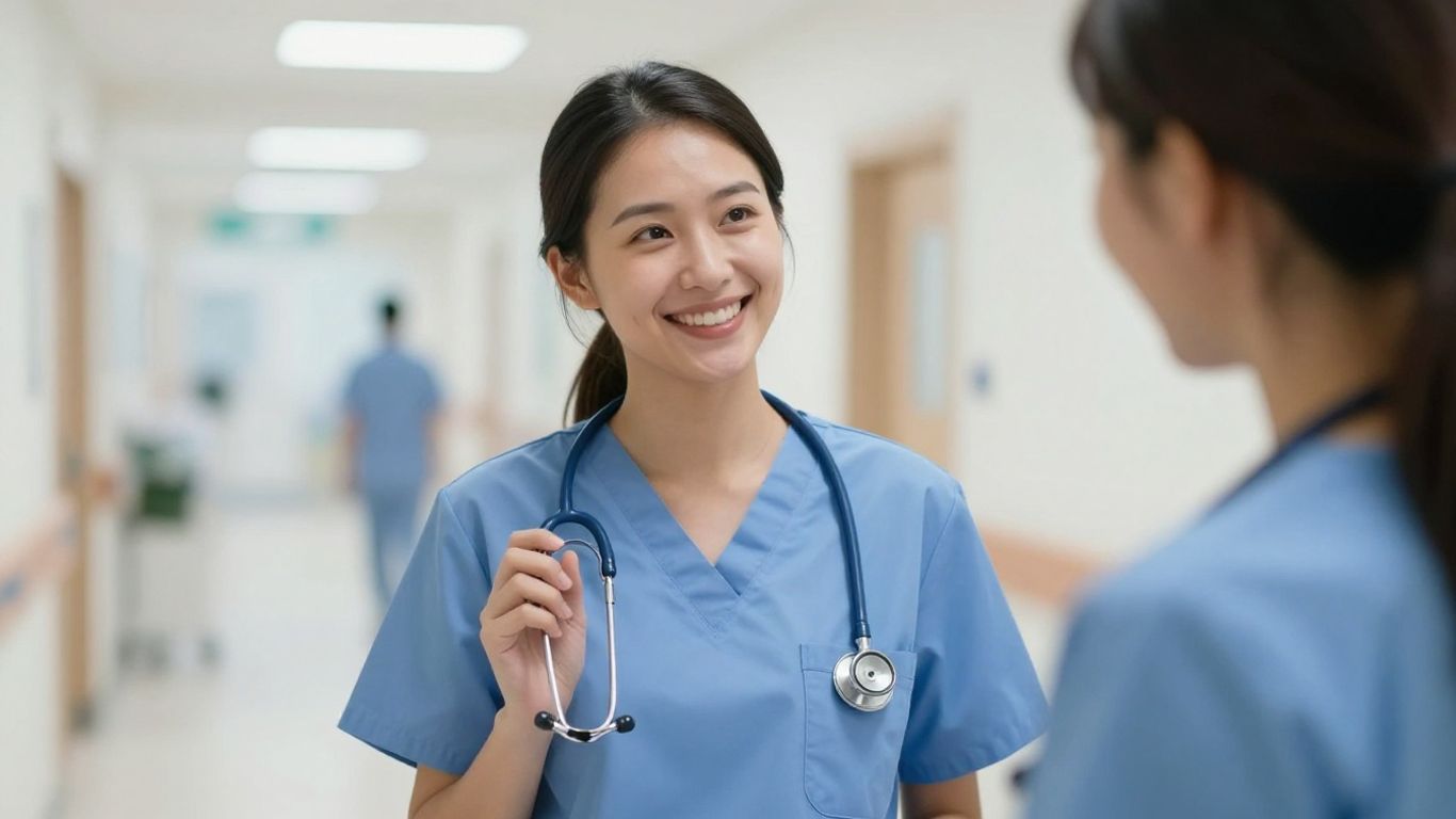 Certified Nursing Assistant smiling with stethoscope in a hospital.