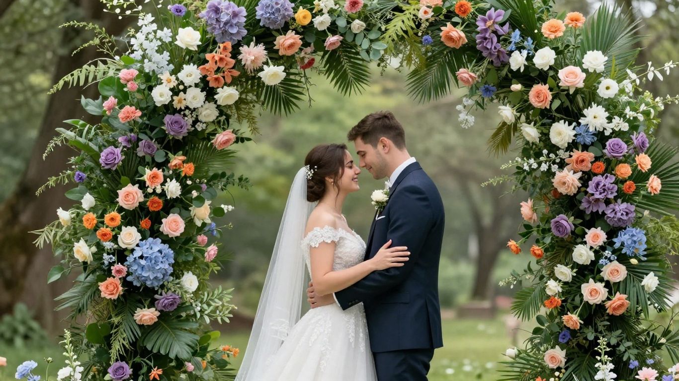 Bride and groom in floral archway