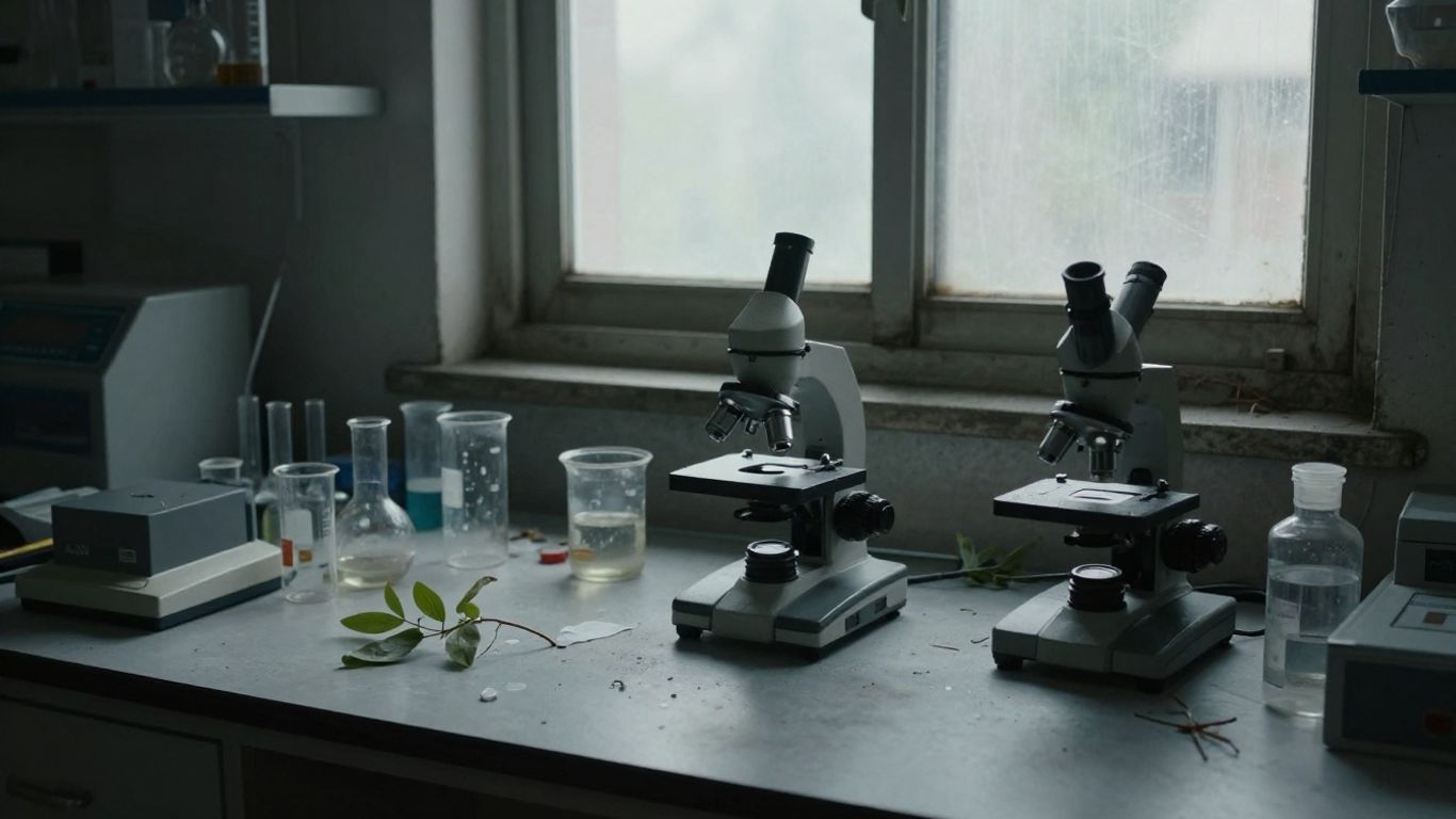 Neglected laboratory equipment with a wilting plant.