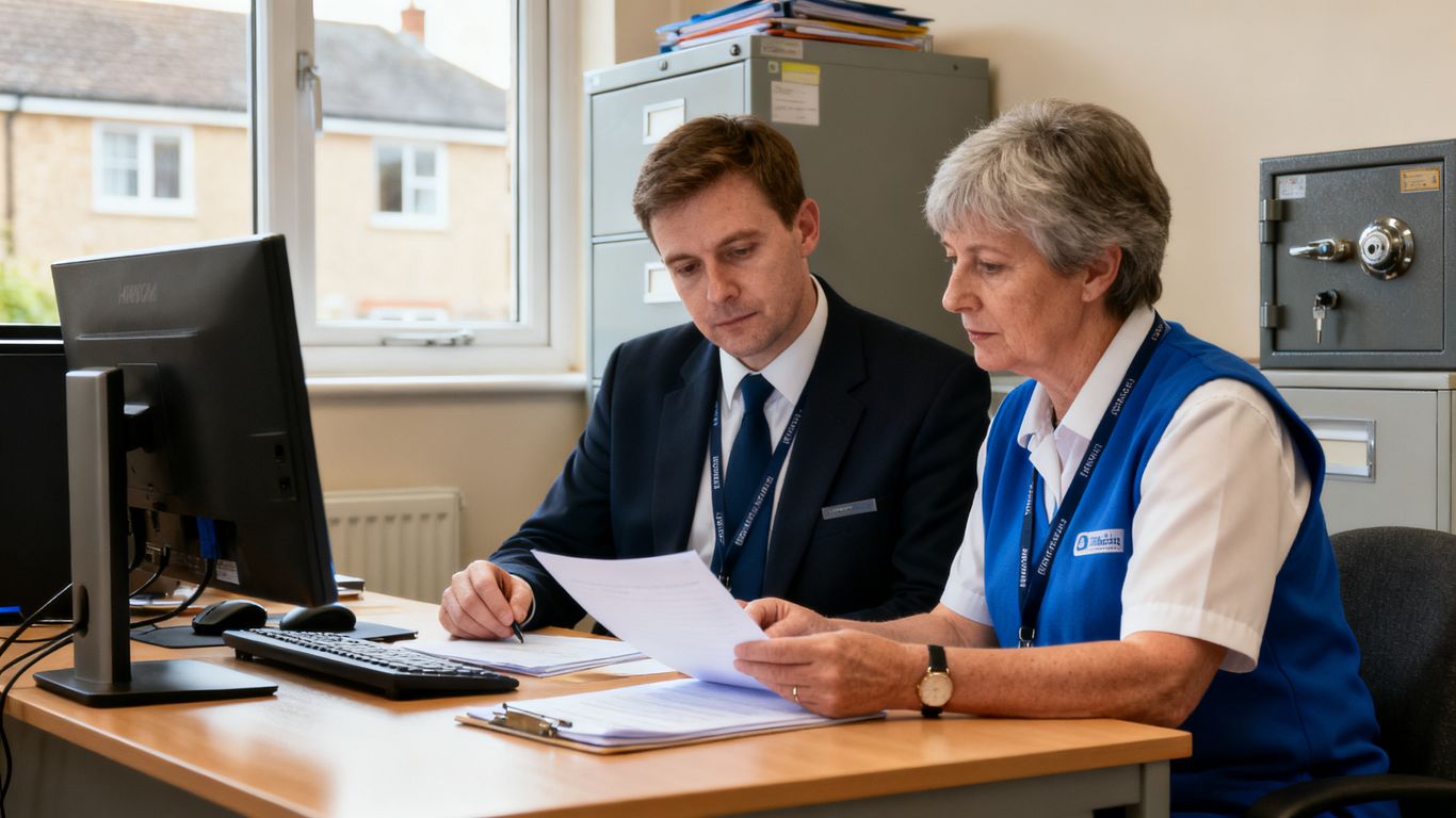 Support worker reviewing hostel safety procedures