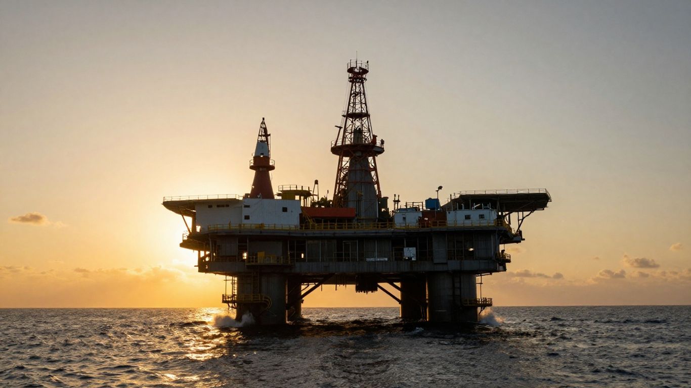 Offshore oil rig platform at sunset with ocean waves.