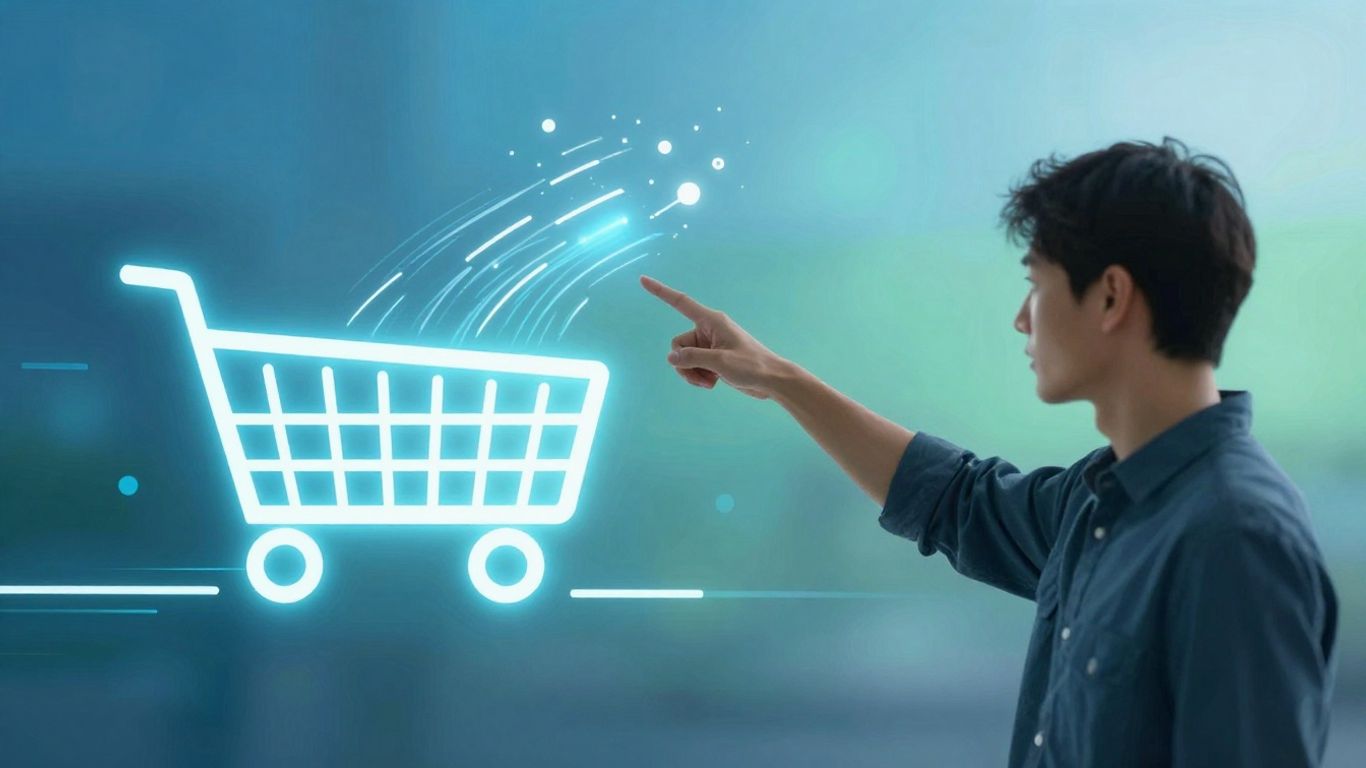 Person pointing at digital traffic flowing to shopping cart.