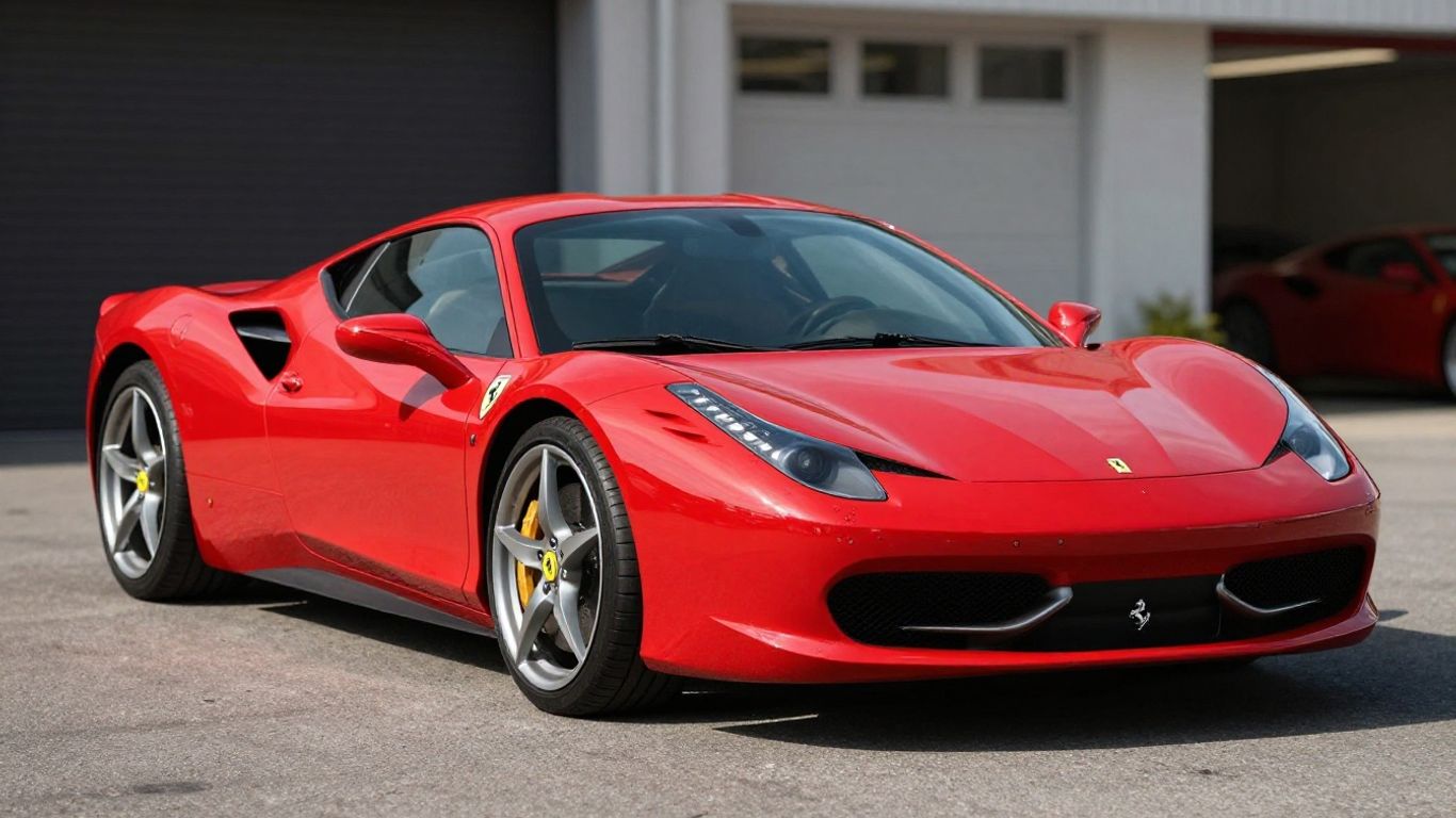 Red Ferrari 458 Italia parked in a garage.