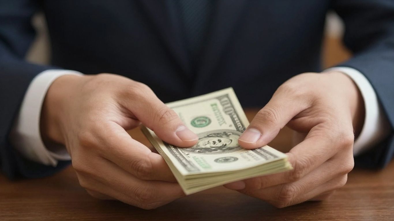 Hands counting money, business suit background.