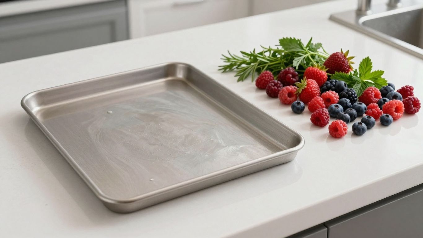 Reusable baking sheet with fresh ingredients on a counter.