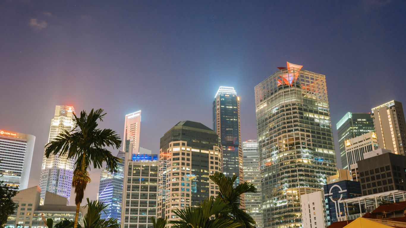 green palm trees near high rise buildings during night time