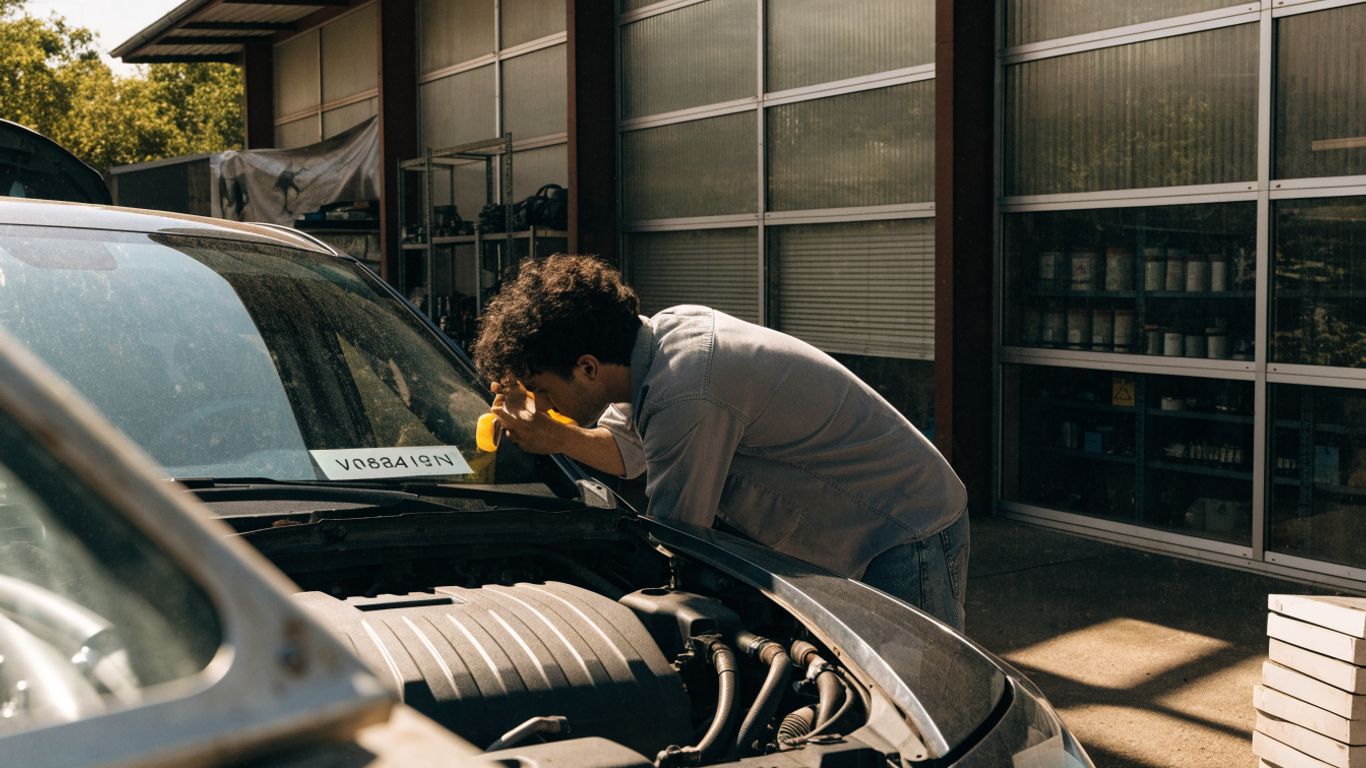 Mechanic checking vehicle details beside a car