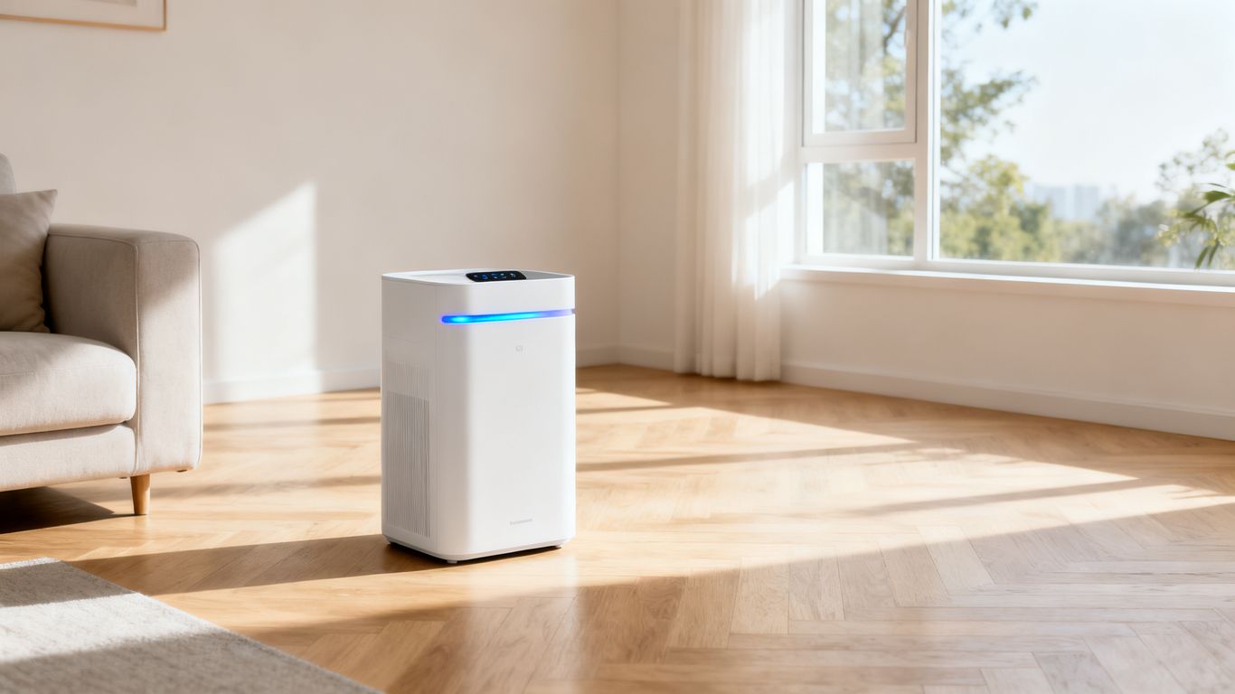 A modern portable home dehumidifier in a bright room