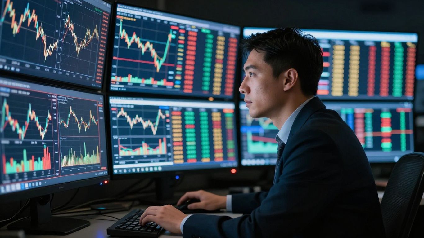 Trader focused on glowing financial market screens.