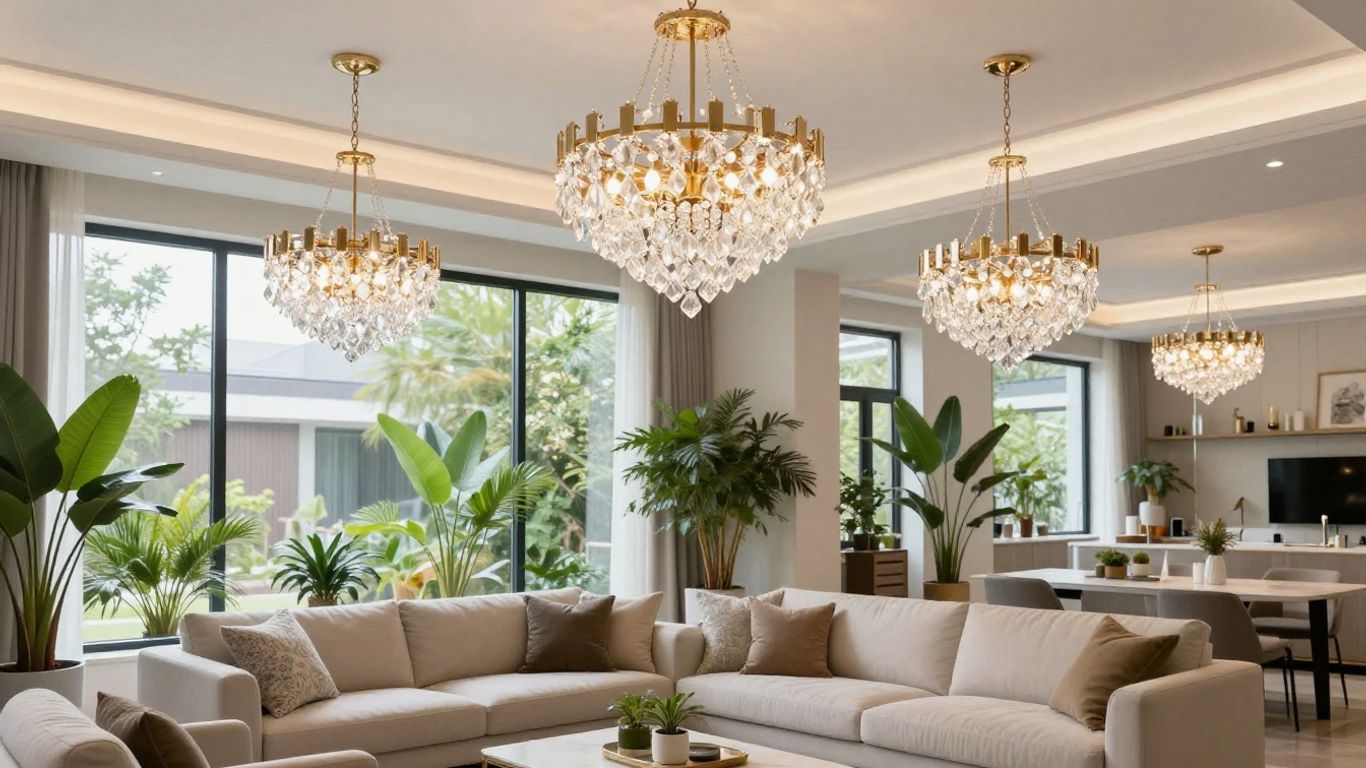 Modern living room with stylish chandeliers and bright decor.