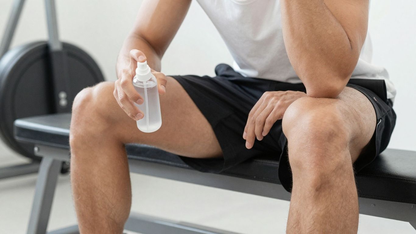Physically active person spraying legs after workout