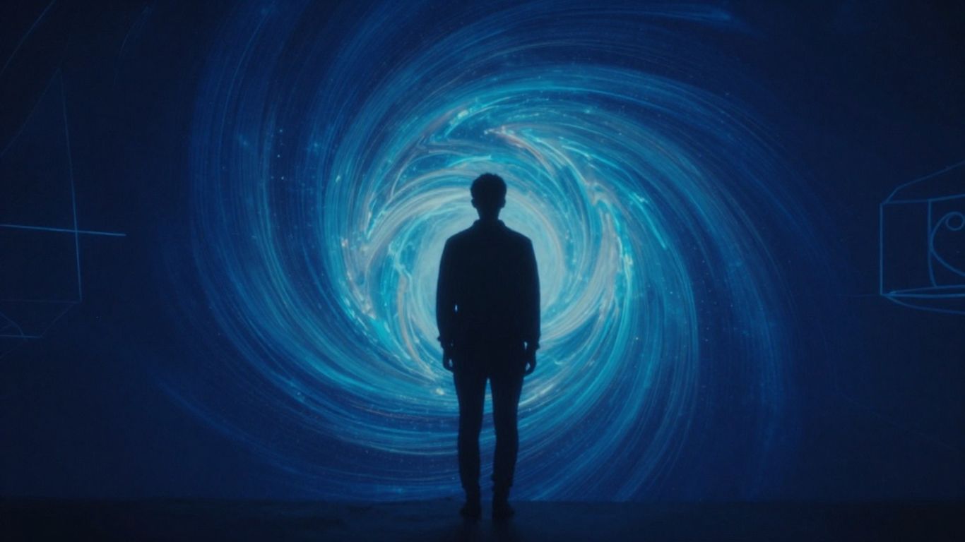 Pessoa em frente a um vórtice de luz e cores.