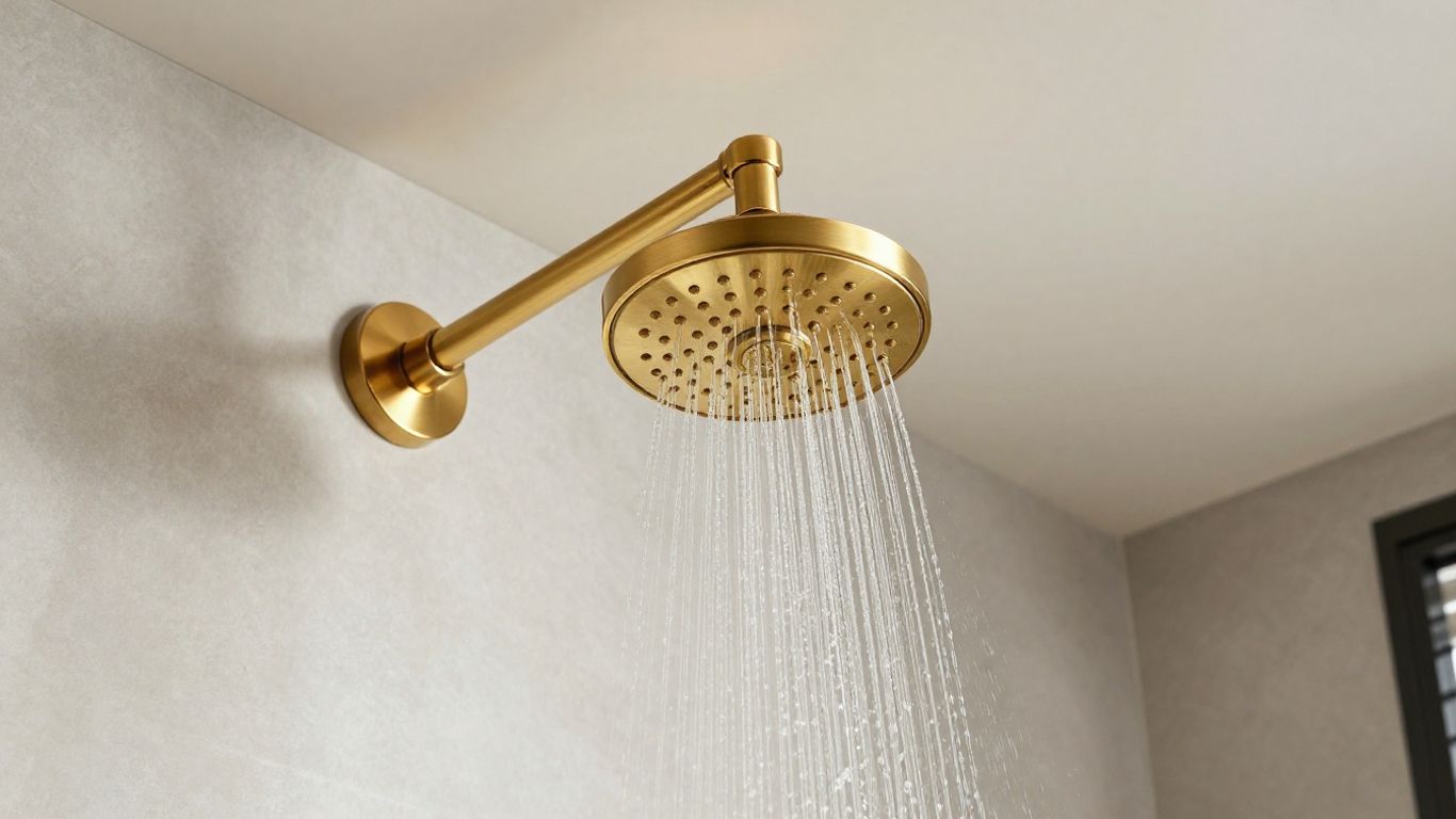 Brass ceiling shower head with cascading water in a bathroom.