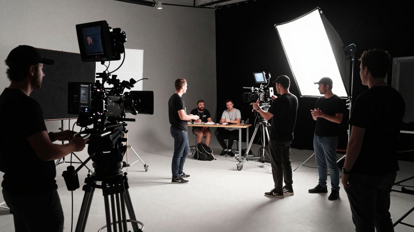 Film set with cameras and crew
