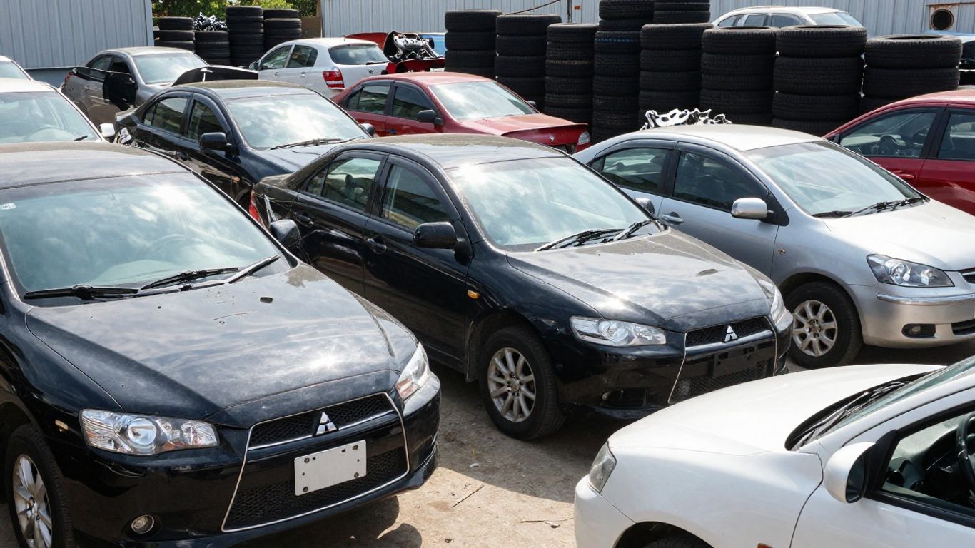 Mitsubishi car parts in a wrecking yard.