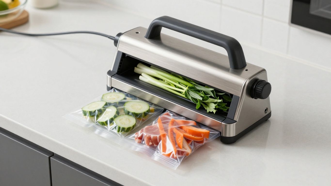 เครื่องซีลอาหารพร้อมวัตถุดิบสดใหม่บนเคาน์เตอร์ครัว