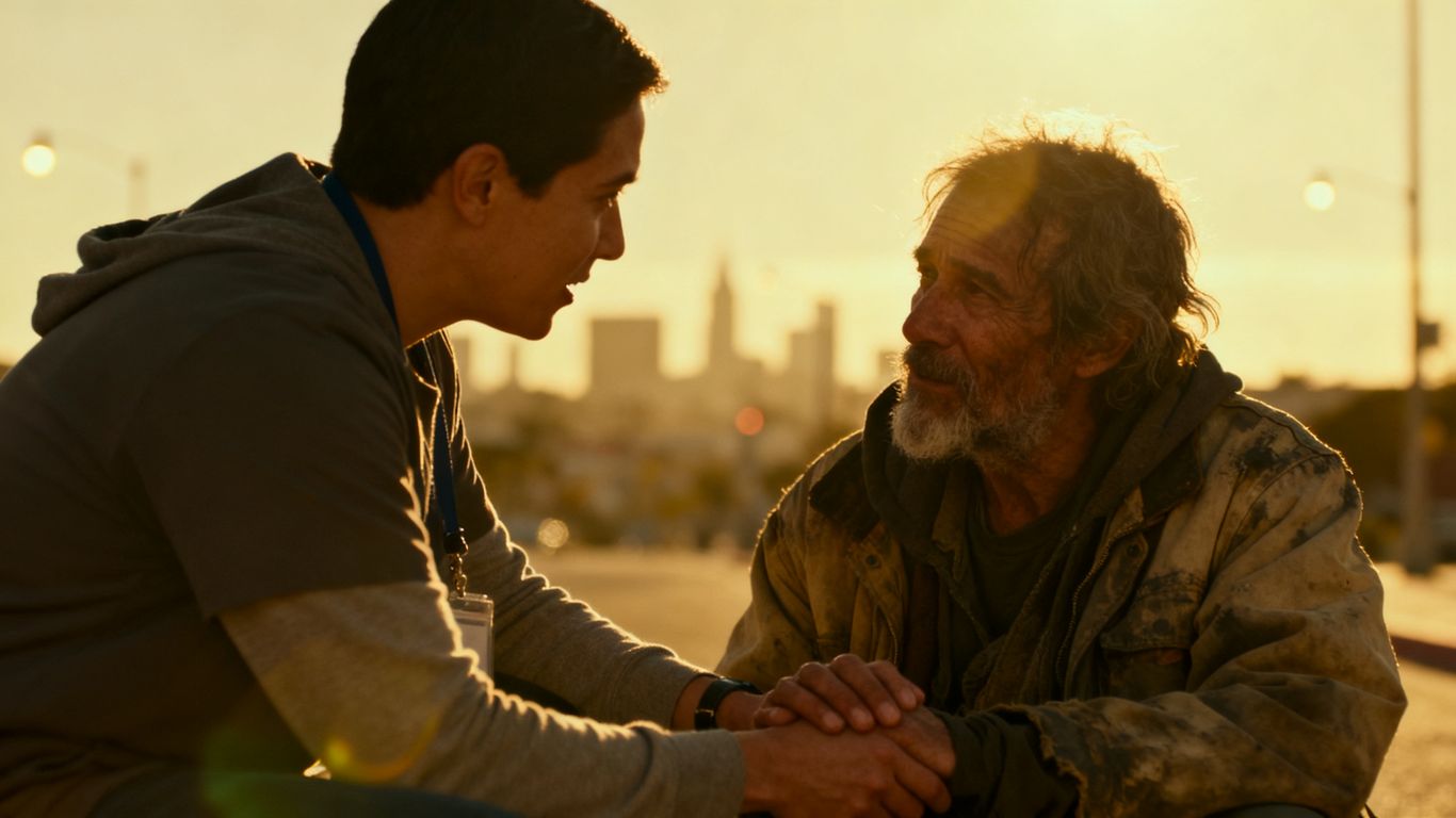 Outreach worker talking to a person experiencing homelessness.