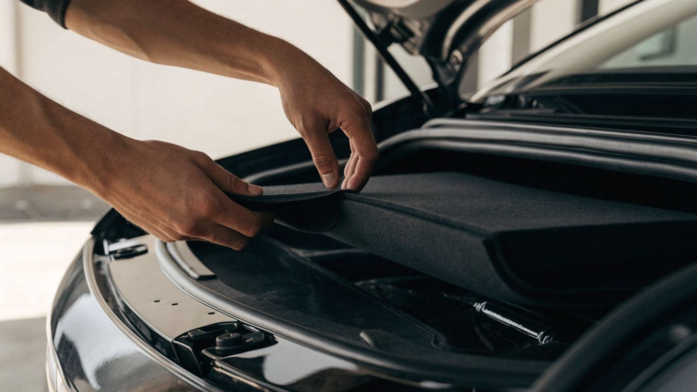Hands positioning a fitted liner on a clean frunk floor