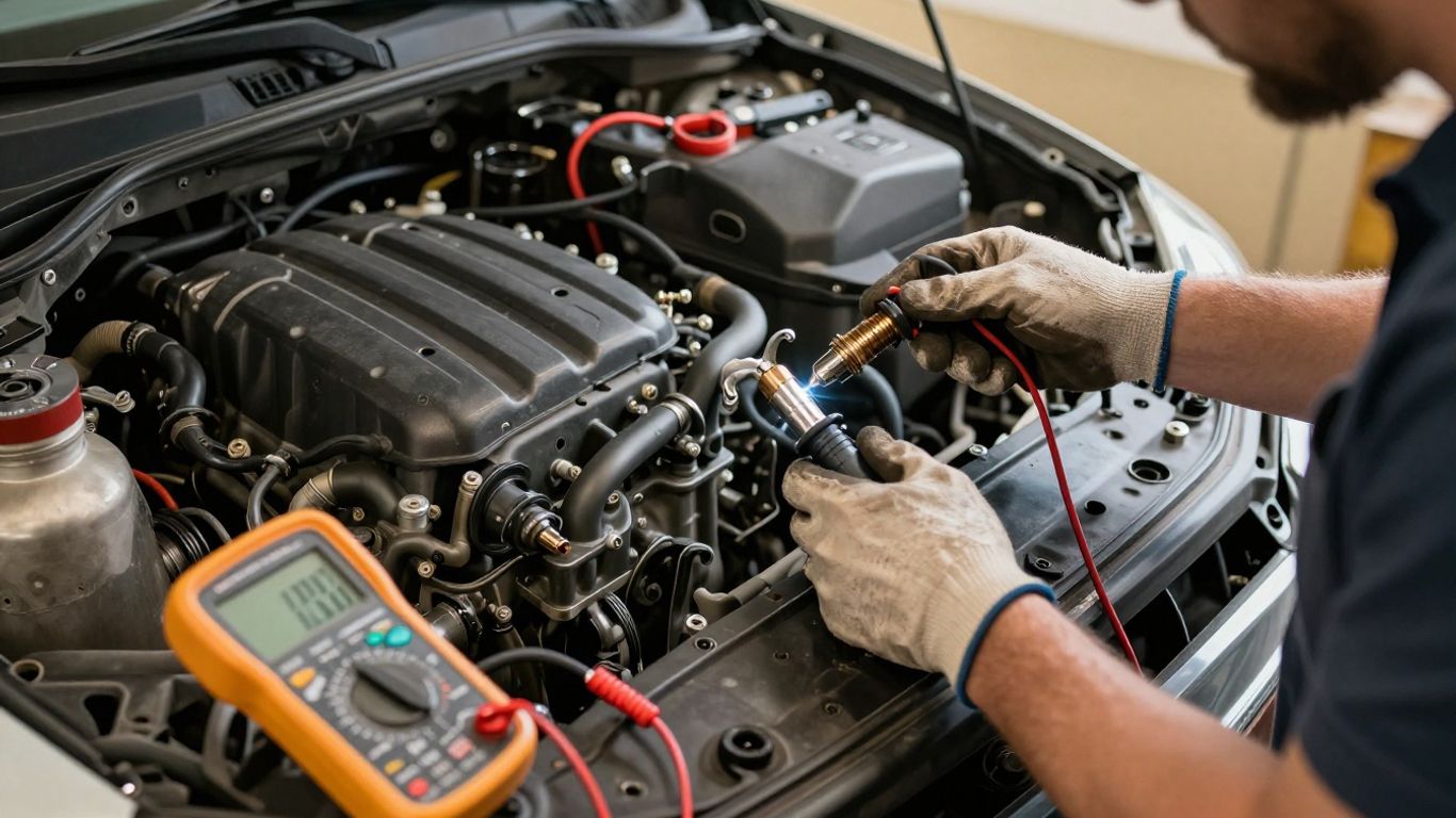 Technician testing diesel glow plug wiring