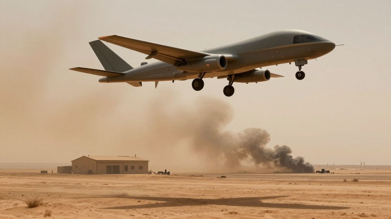 Drone attacking a US military base in a desert.