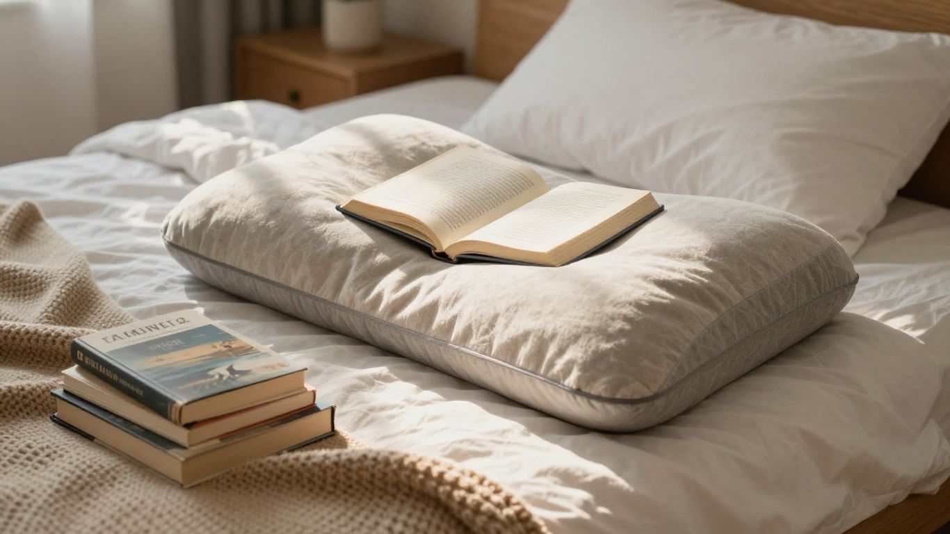 Cozy bed with reading pillow and books.
