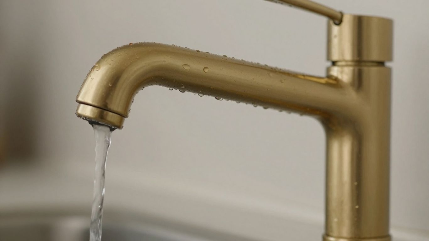 Elegant gold kitchen mixer tap with water droplets.
