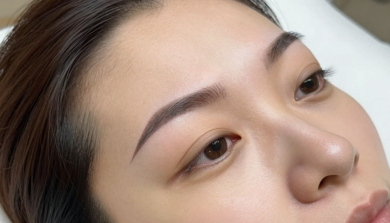 Close-up, photorealistic view of a woman with softly defined permanent makeup eyebrows in a calm, elegant Saint Charles spa setting, with natural lighting, no text, no logos, and no recognizable face