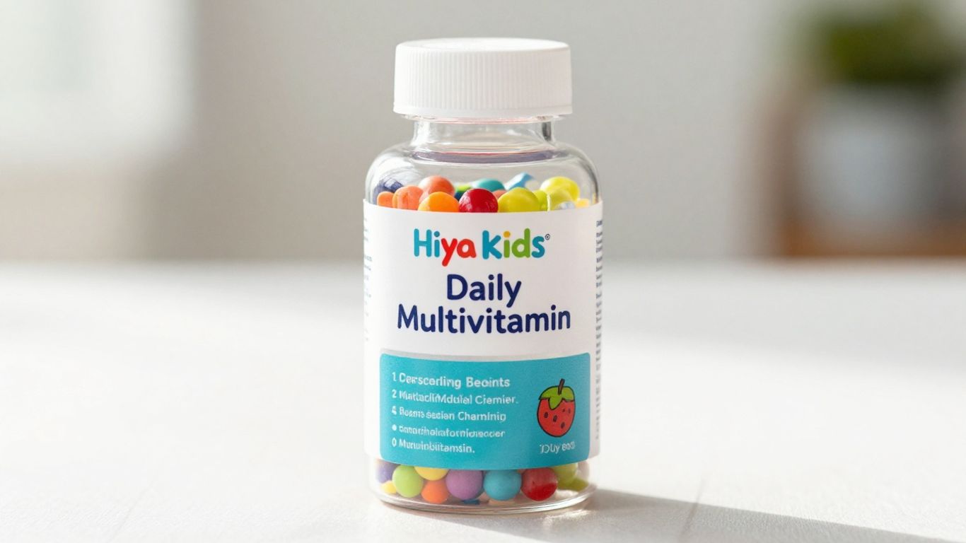 Hiya Kids Daily Multivitamin bottle with colorful liquid.