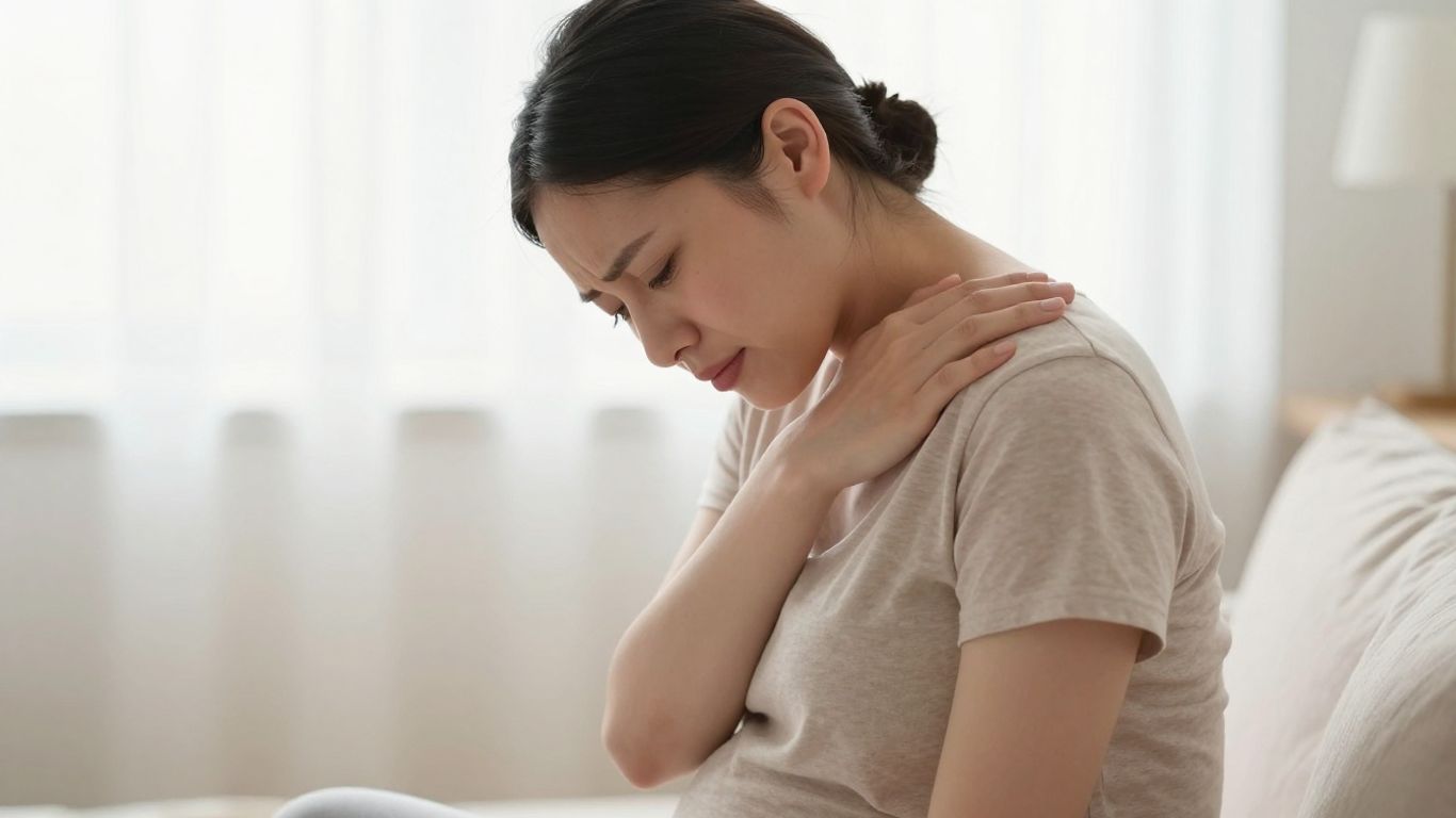 Pregnant woman holding her lower back in discomfort.