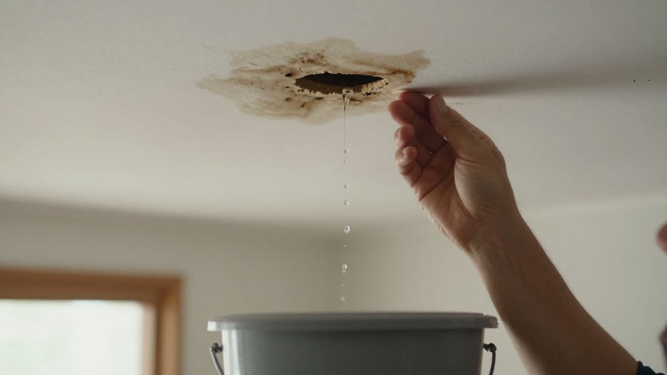 Homeowner inspects ceiling water damage and leak.
