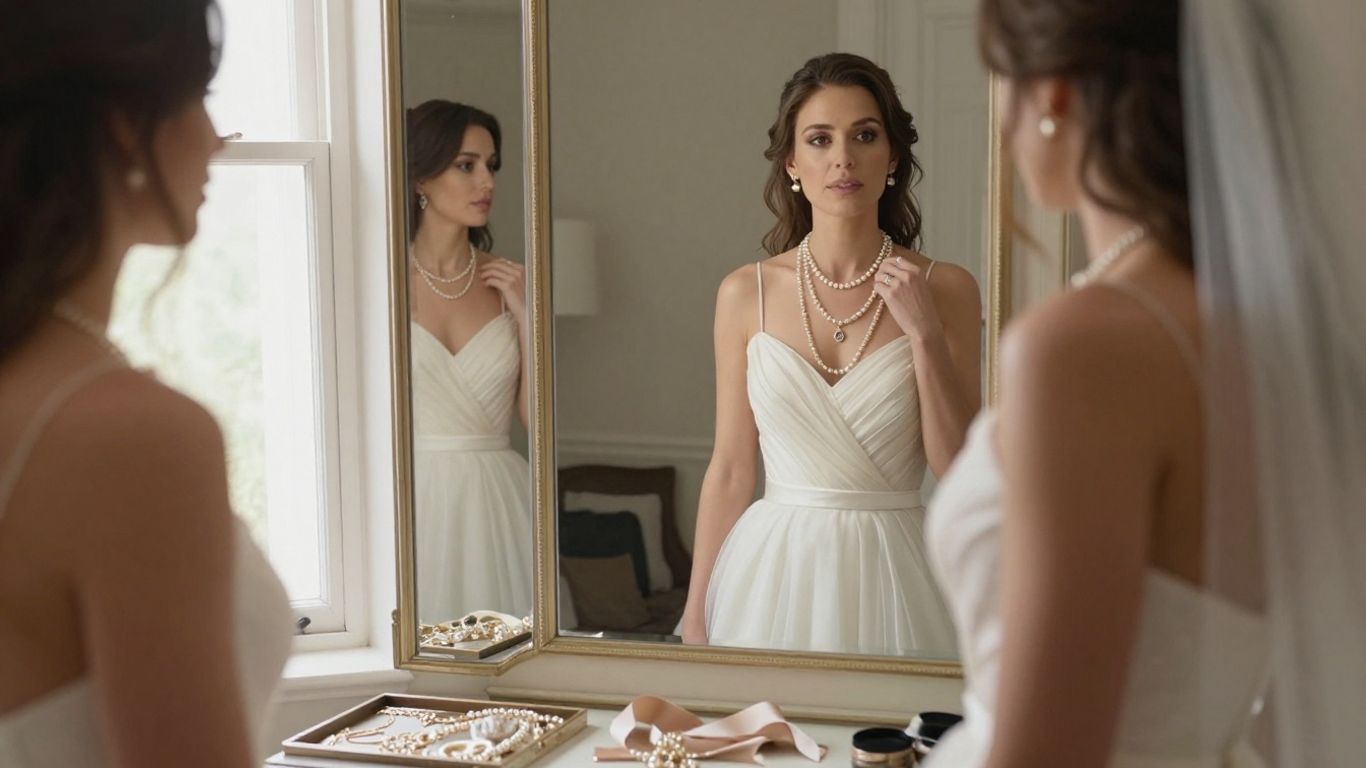 Bride checking layered necklace proportions in mirror