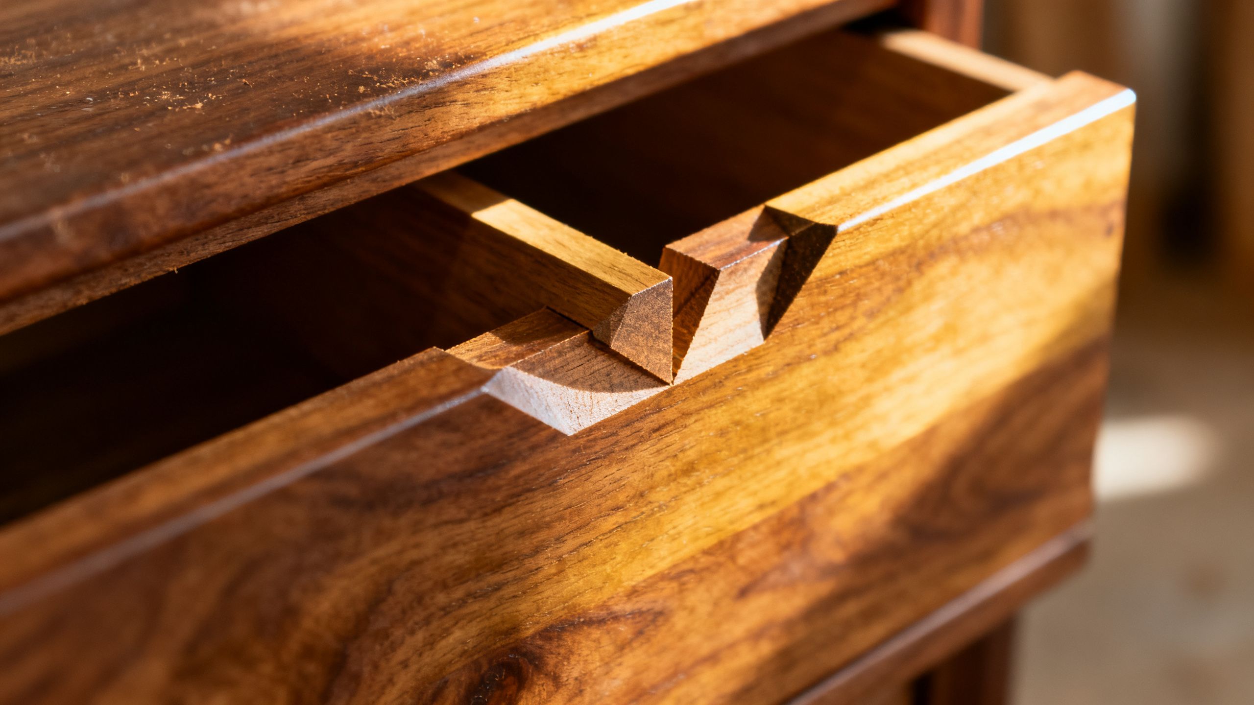 A detailed close-up shot of a handcrafted dovetail joint on an open drawer made of solid walnut wood.