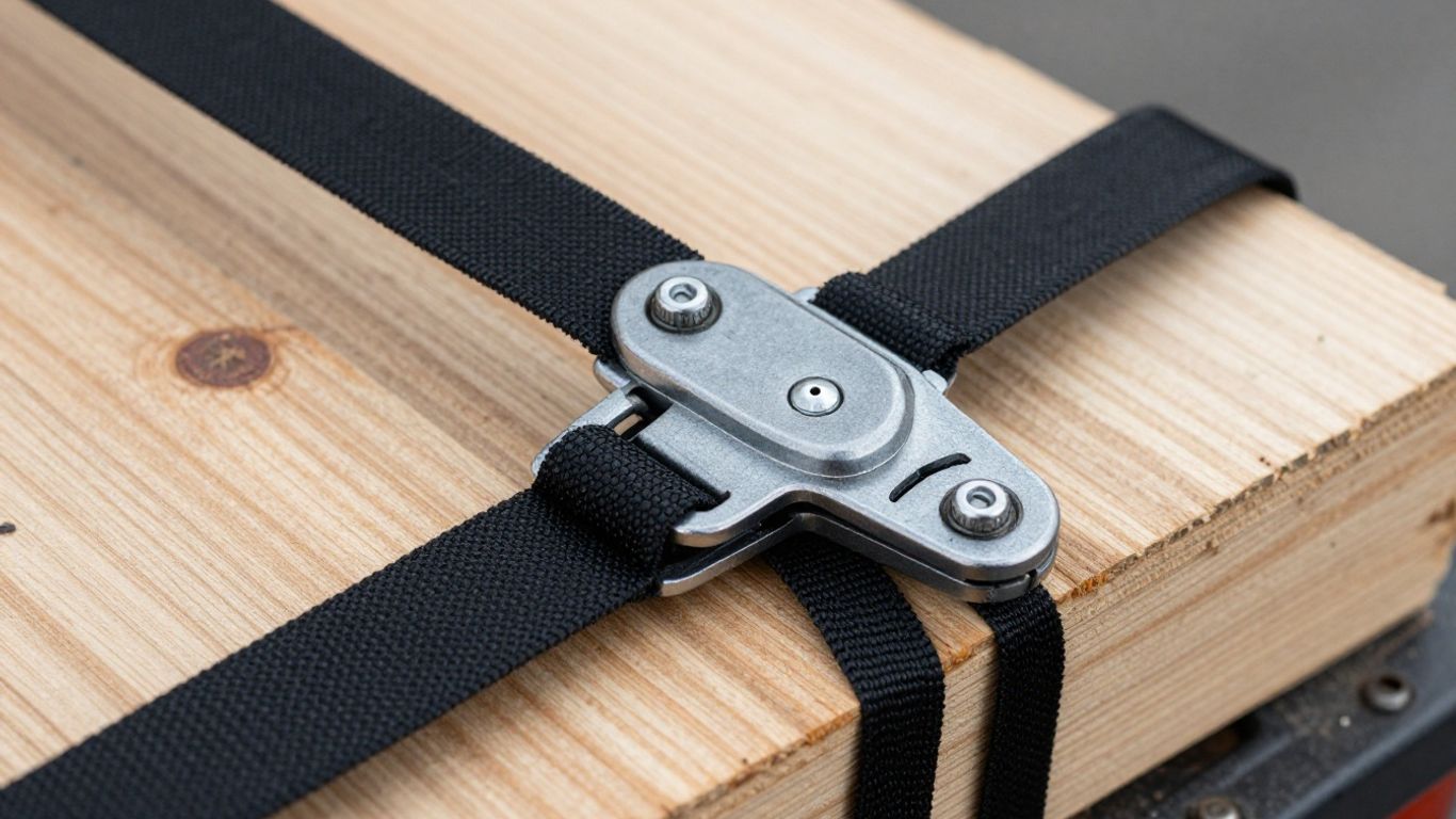 Webbing strap securing lumber on a truck.