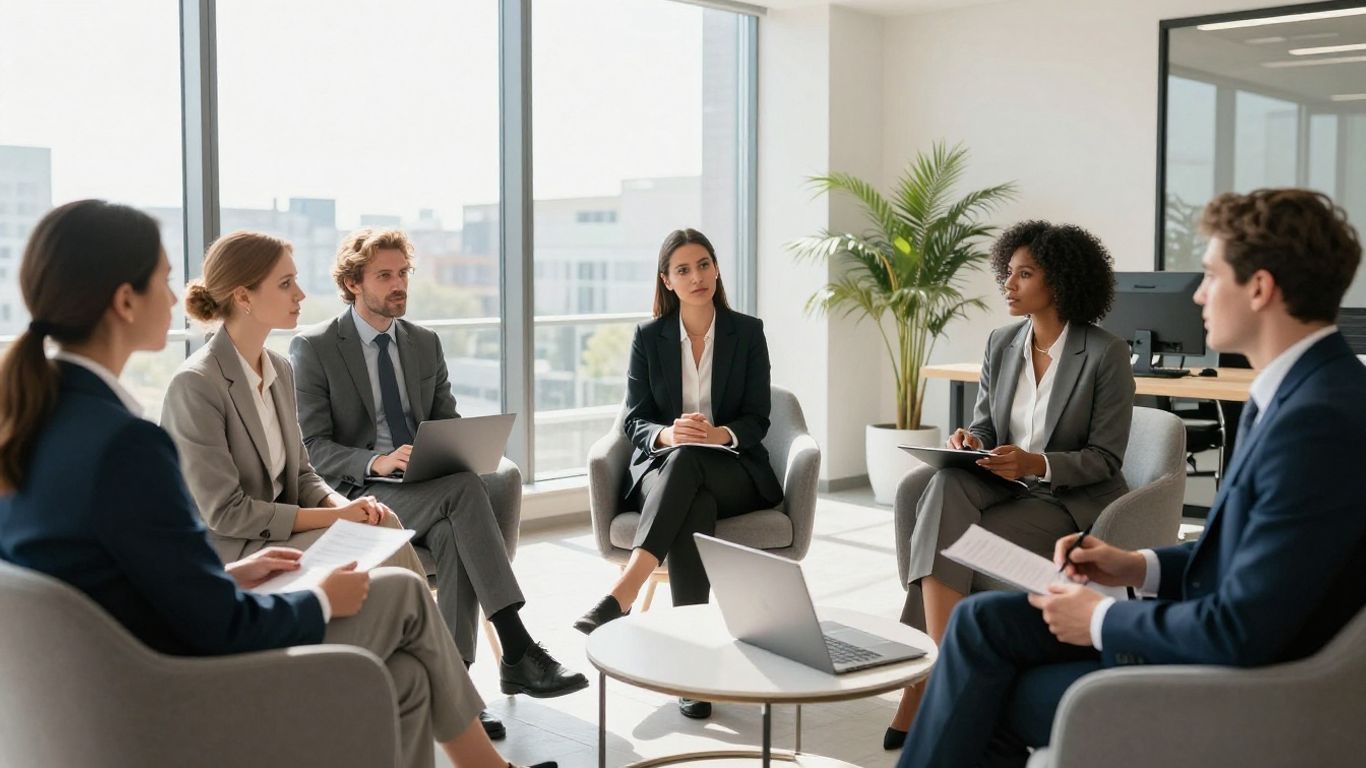 Personas discutiendo en una oficina moderna.