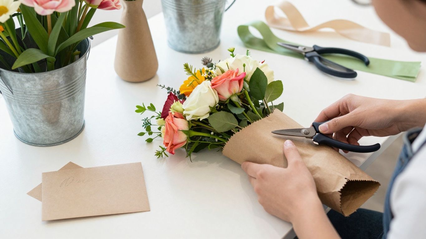 Florist arranging bouquet beside delivery packaging