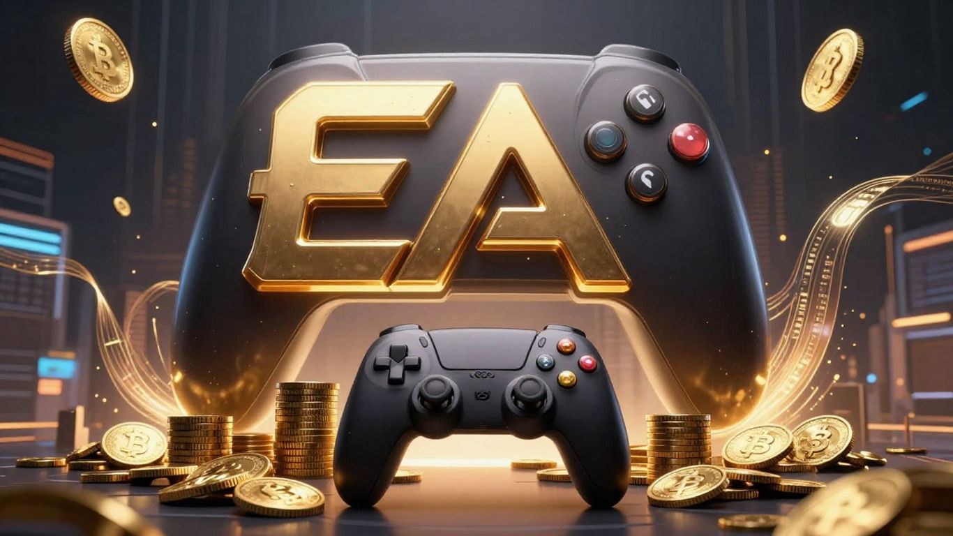 EA logo and gaming controller with gold coins.