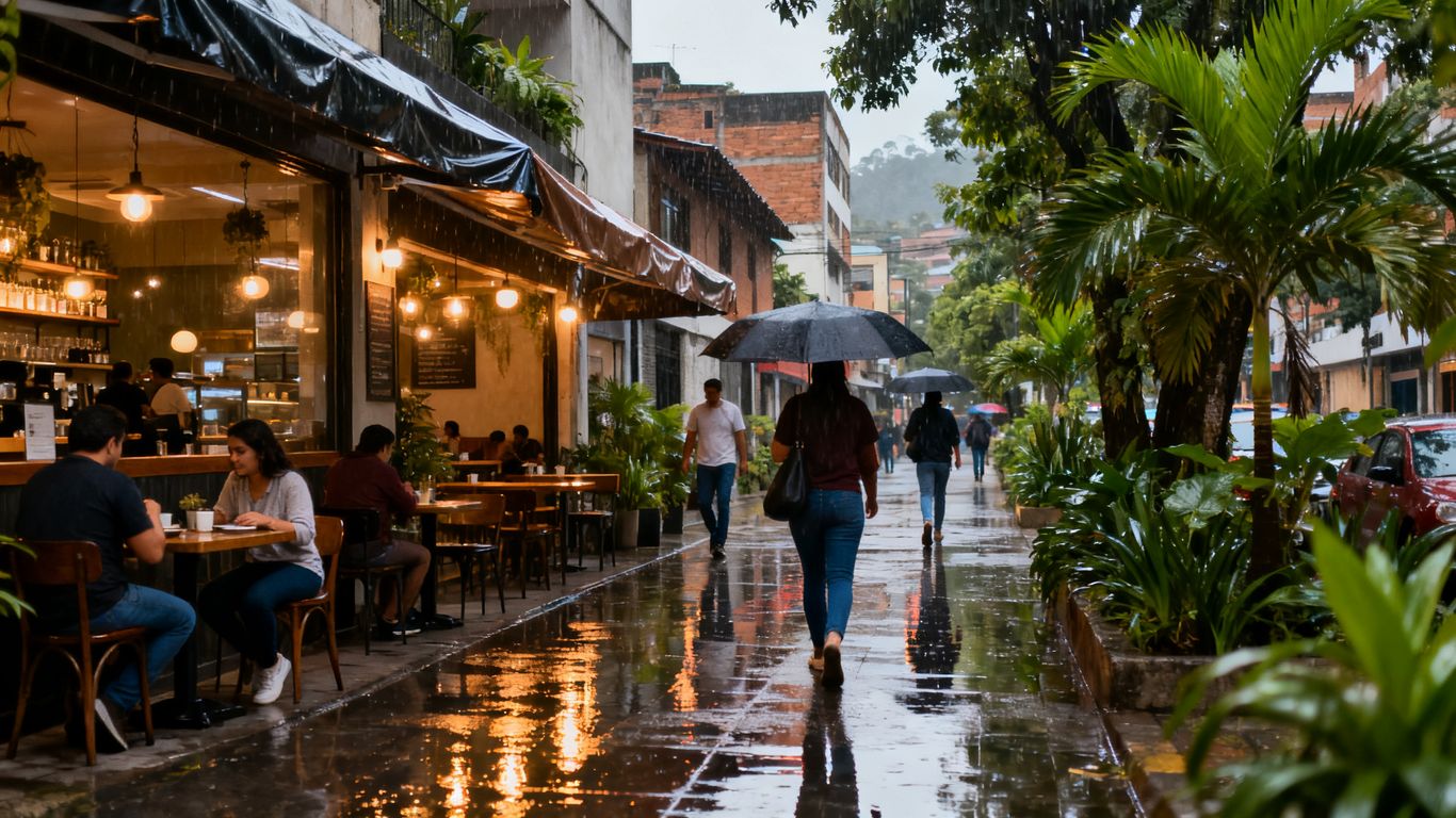 Rainy afternoon streets in Medellín neighborhoods