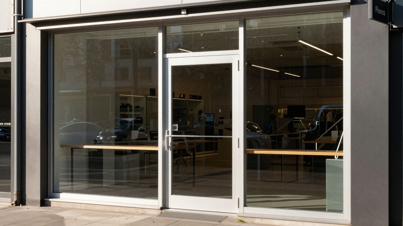 Modern aluminium shopfront with glass door.