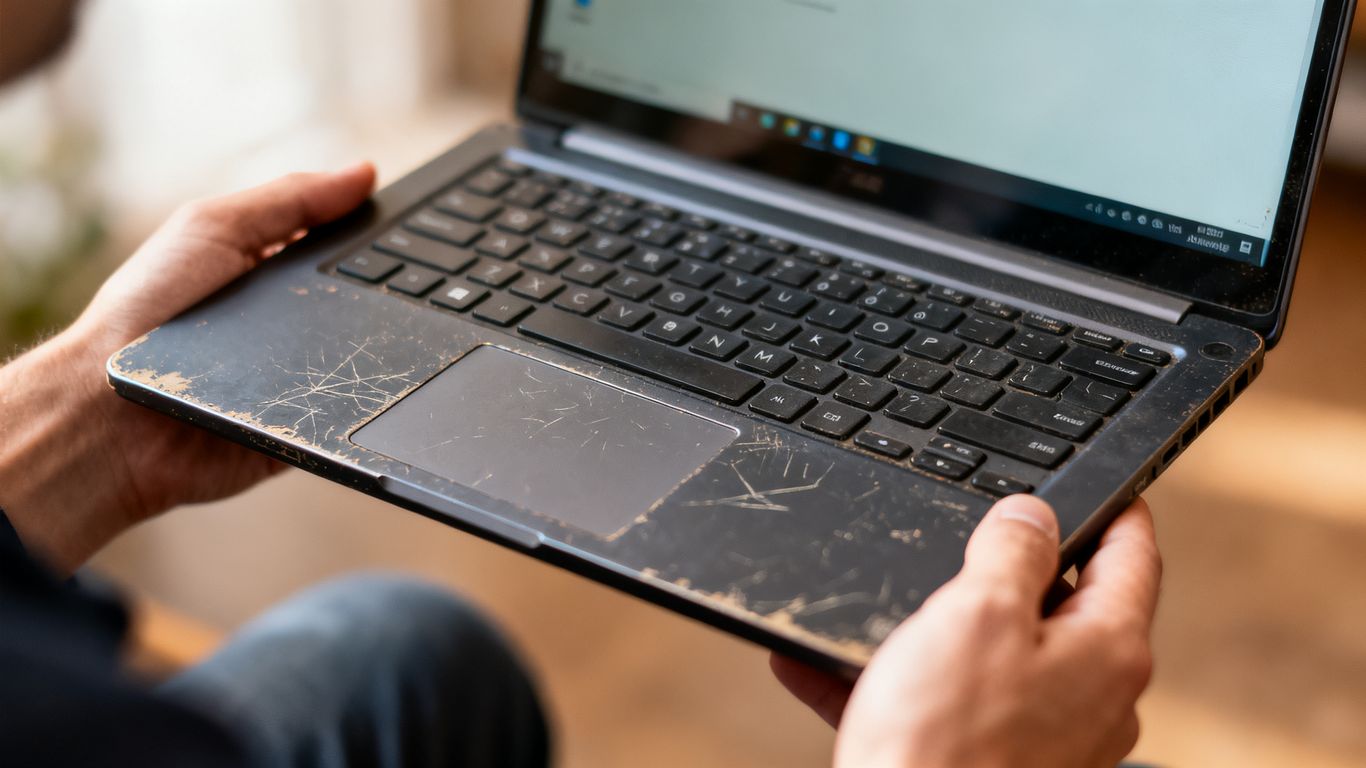 Person prüft gebrauchten Laptop auf Kratzer und Zustand.
