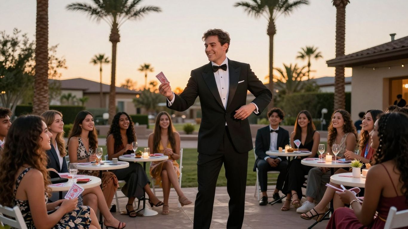 Magician performing for graduates at a Phoenix party.